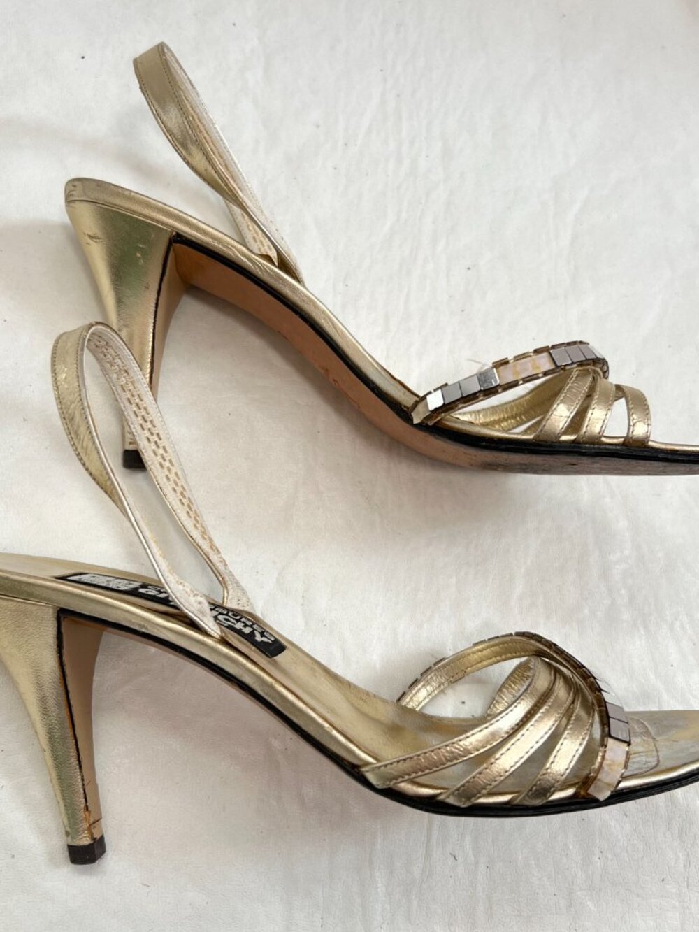 Vintage 70s Givenchy high heel sandals gold leather mirror size 7 slingback - Picture 7 of 13